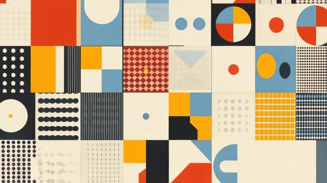Retro Geometric Pattern: A vibrant collage of abstract geometric shapes in retro colors, creating a visually engaging and modern design with a nostalgic feel.