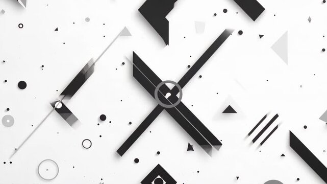 Abstract Geometric Composition: A dynamic interplay of black and white geometric shapes, including lines, triangles, circles, and squares, creates a modern and minimalist abstract design.