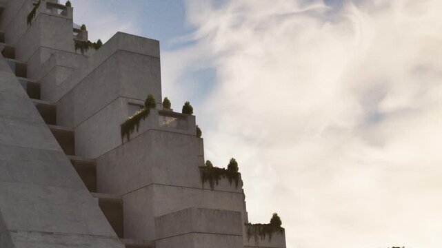 A tall concrete structure with several stair like levels is seen. Small green plants grow on top of the steps. The sky shows some clouds during the day.