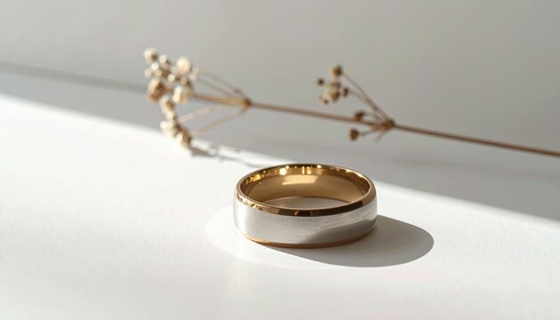 minimal wedding rings on white background, copy space
