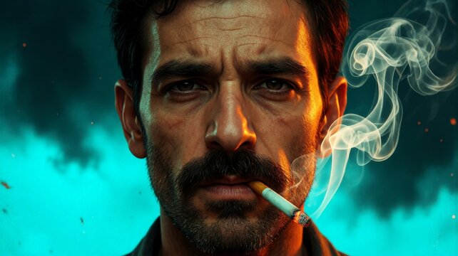 Close-up of a brooding man smoking a cigarette against a turquoise background