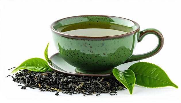 Green tea cup beside tea leaves isolated on clean white background