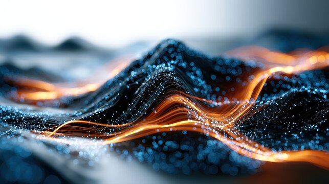 Digital abstract landscape with glowing orange waves and scattered blue particles illustrating futuristic technology and data flow in a networked environment