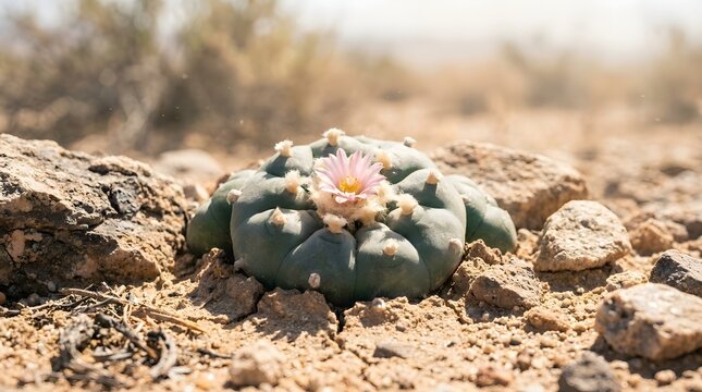 Wild Peyote Cactus Blooming with Flower in Arid Desert