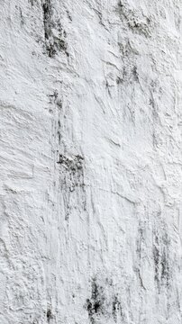 White painted rough textured wall surface with weathered and worn areas showing dark stains and natural irregularities in close-up view