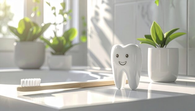 Dental toothbrush and floss on white bathroom counter, bright natural light, oral care concept