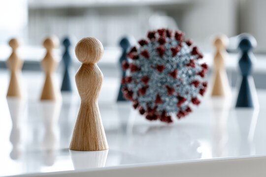 Wooden game pieces arranged facing a large spiky virus model symbolizing the confrontation between humanity and infectious diseases during the pandemic crisis