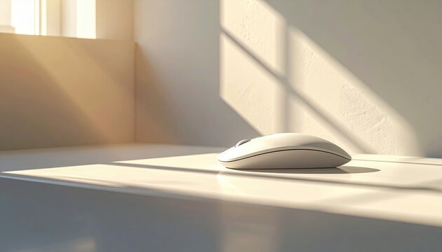Wireless computer mouse on minimalist desk, soft daylight, office technology concept, copy space