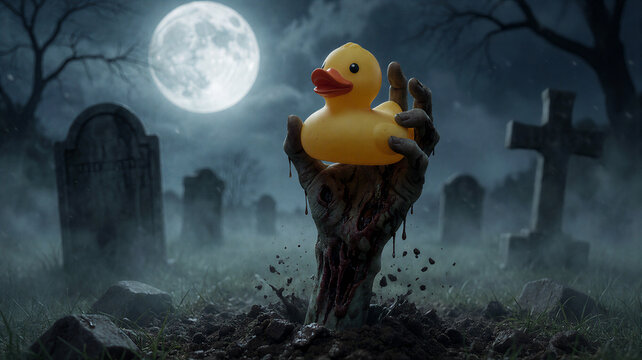 Zombie hand rising from grave holding rubber duck
