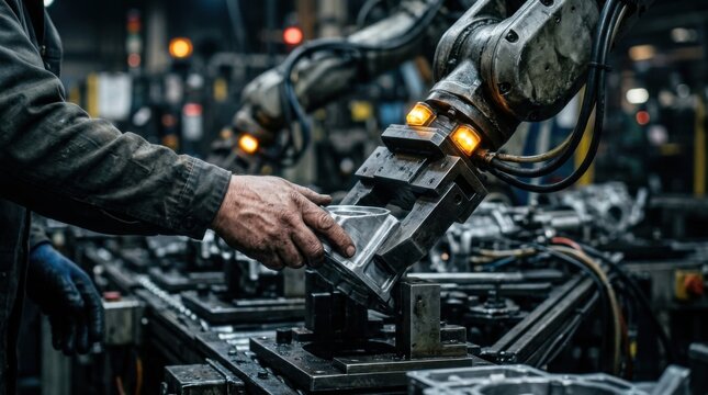 Factory worker guiding a robotic arm gripper positioning a metal component on an assembly line