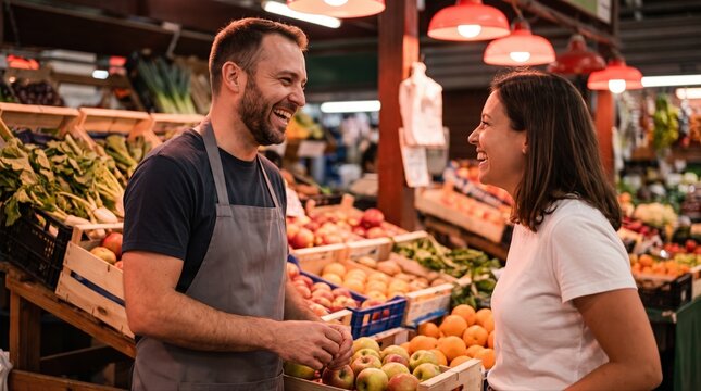 Friendly produce shopkeeper chatting with a customer in a market, presenting personal service, local commerce, and retail connection