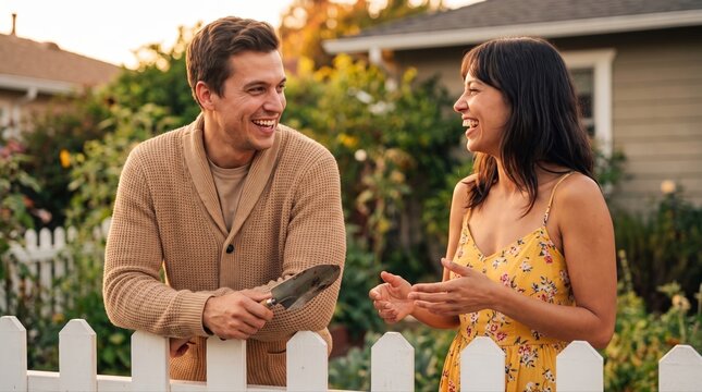 Two friendly neighbors talking over a picket fence at sunset, expressing local community connection and welcoming suburban life