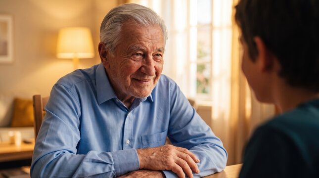 Elderly man smiling and nodding during a warm conversation at home, expressing active listening, empathy, and positive aging
