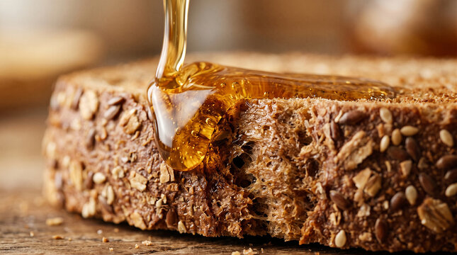 Macro close-up of golden honey dripping onto a slice of toasted multigrain seeded bread