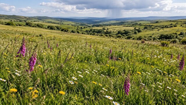 Wildflower Meadow Across Rolling Green Hills
