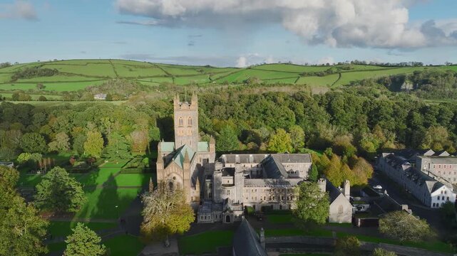 Buckfast Abbey from a drone, Devon, England, United Kingdom