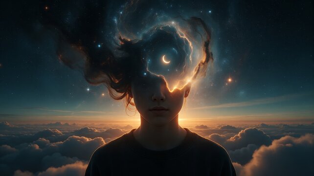 Cosmic Mind Conceptual Art with Nebula and Starry Sky