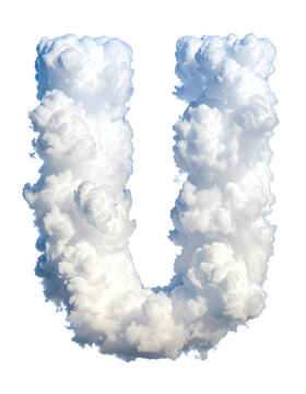 Letter U shaped fluffy white cloud font design element isolated as a realistic 3D typographic character on transparent background