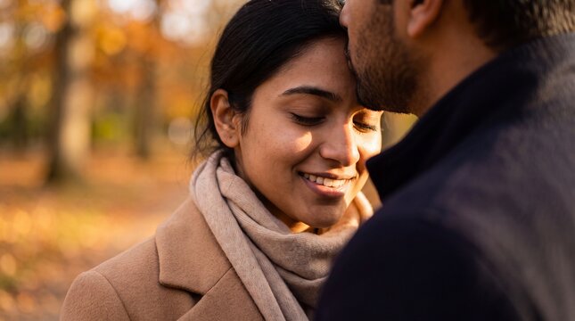 Over-the-shoulder view of a loving Indian couple in an autumn park as the man tenderly kisses his smiling girlfriend's forehead during golden hour.
