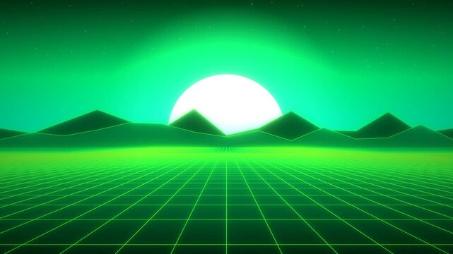 Retro neon grid landscape with large glowing sun and mountains