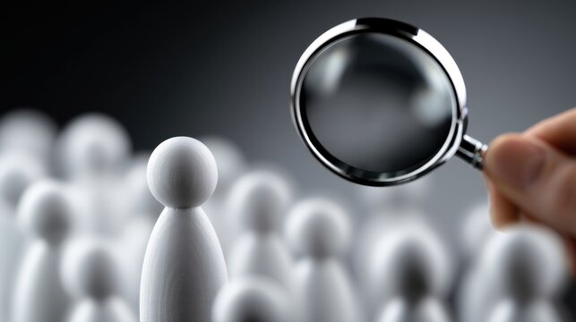 Hand holding magnifying glass focusing on a single white wooden figurine among many blurred figures symbolizing individual attention and detailed scrutiny