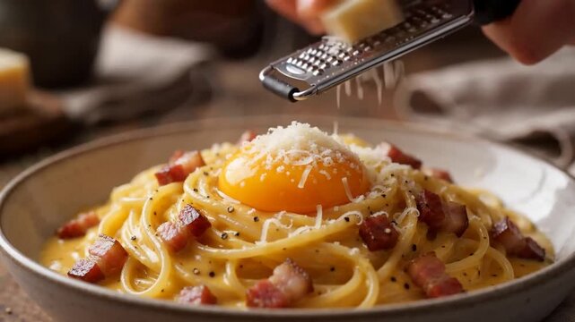 Grating fresh parmesan cheese over spaghetti carbonara with egg yolk