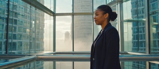 Fototapeta premium Executive leadership at sunrise inside luminous glass architecture representing ambition and new opportunities.