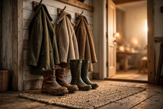 Cozy farmhouse entryway with winter boots, wool coats on hooks and woven rug