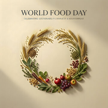World food day wreath made of fresh grains fruits vegetables and legumes with food securit