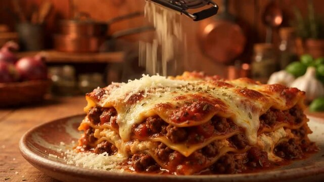 Grating fresh parmesan cheese over a hot steaming plate of meat lasagna