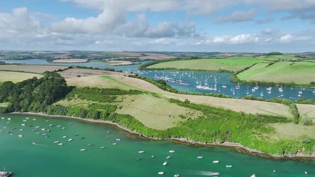 Salcombe and Mill Bay over Kingsbridge Estuary from a drone, Batson Creek, Southpool Creek, Devon, England, United Kingdom