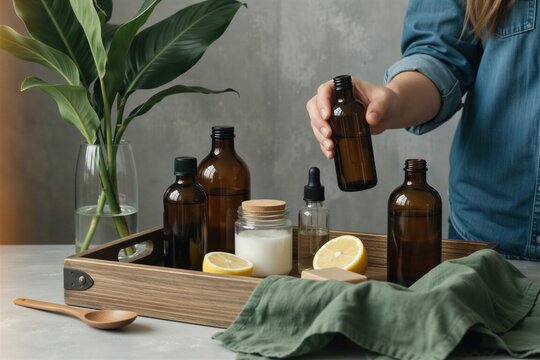 Eco-friendly self-care scene showcasing zero waste living with amber bottles, natural ingredients, and sustainable products.