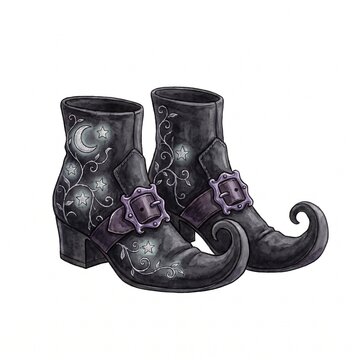 Pair of stylish black witch boots with curled pointed toes