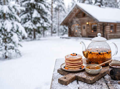 hot teapot with sea buckthorn tea and stack of pancakes with honey and berries on board in front of winter wooden cabin in snow conveying holiday comfort