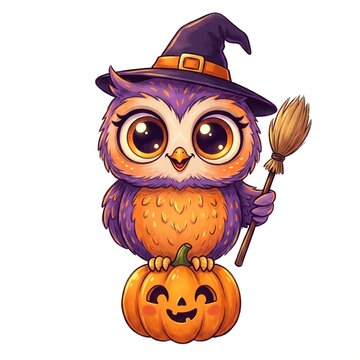Cute Halloween owl perched on a tiny orange pumpkin,