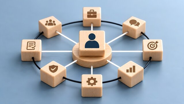 Interconnected wooden blocks with business icons surrounding a central user representing comprehensive project management and centralized organizational leadership