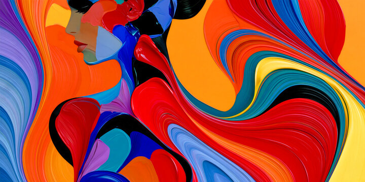 Colorful Abstract Expressionist Female Painting with Dynamic Fluid Shapes, ai generated.