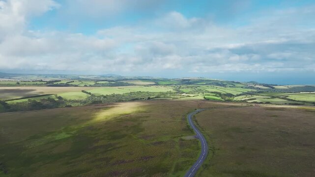 Moorland and Farms from a drone, Exmoor National Park, Devon, England, United Kingdom