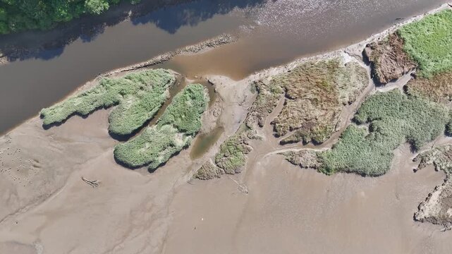 Top Down over Marshes and River Teign at low tide from a drone, Newton Abbot, Devon, England, United Kingdom