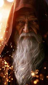 A wise elderly man with a long white beard wearing a hooded cloak surrounded by glowing magical sparks in a mystical atmosphere