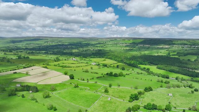 Farms and Fields over River Ure from a drone, North Yorkshire, England, United Kingdom