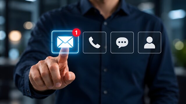 Businessman touching floating digital interface displaying new email notification bubble emphasizing modern corporate communication and instant messaging systems.