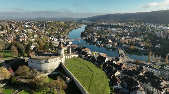 Aerial view of the Munot fortress in the old town of Schaffhausen, right of the Rhine, Canton Schaffhausen, Switzerland