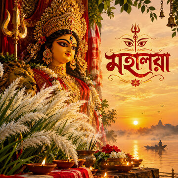 Mahalaya morning celebration with goddess durga idol and kash flowers by the river