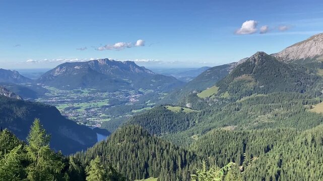 Panorama from Feuerpalfen near the Gotzenalm over Berchtesgaden, Untersberg, Jenner, Hoher G&ouml;ll, Hagengebirge, Kahlersberg, Hochk&ouml;nig and Steinernes Meer, Berchtesgaden National Park, Bavaria, Germ