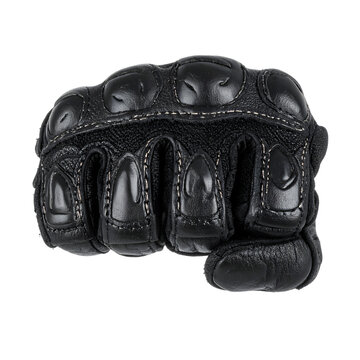 Motorcycle glove made of black leather with protective carbon fiber knuckle padding in a clenched fist position for extreme sport safety gear&nbsp;