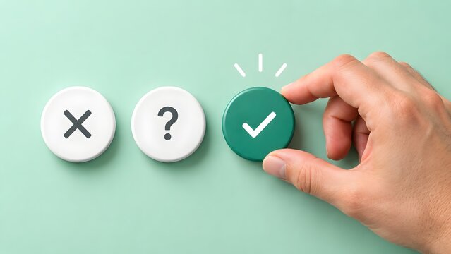 Businessman hand pressing green checkmark button next to cross and question mark symbols indicating positive decision making and correct choice selection