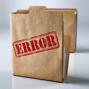 Brown paper file folder with bold red error stamp and documents inside representing issues or mistakes in paperwork or data management concepts