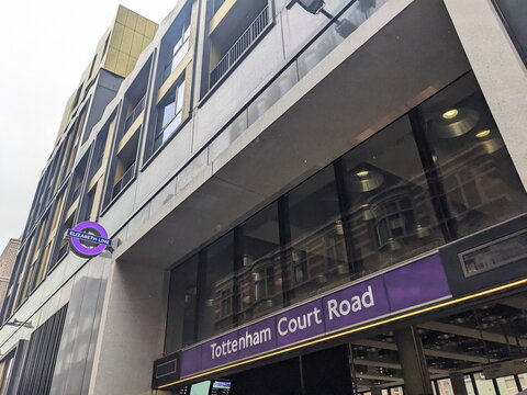 Low angle view of the modern Tottenham Court Road Elizabeth Line station entrance in London