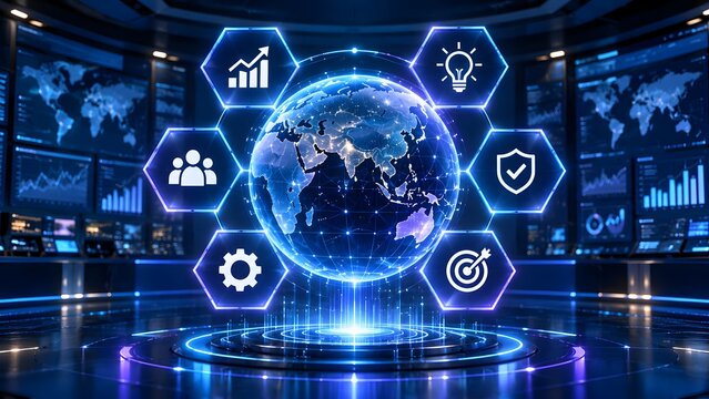 Futuristic digital globe surrounded by glowing hexagonal business icons representing global technology ecosystem and international strategic management